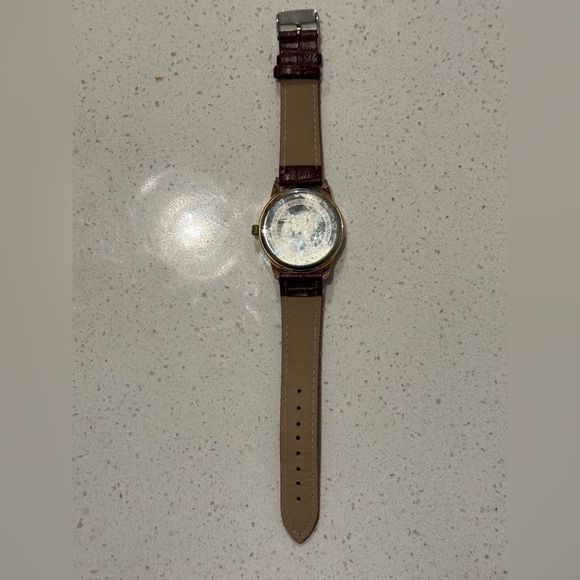 Poshi Blue Face Date Day Quartz Gold Tone Brown Faux Leather Water Res Watch - Picture 3 of 4